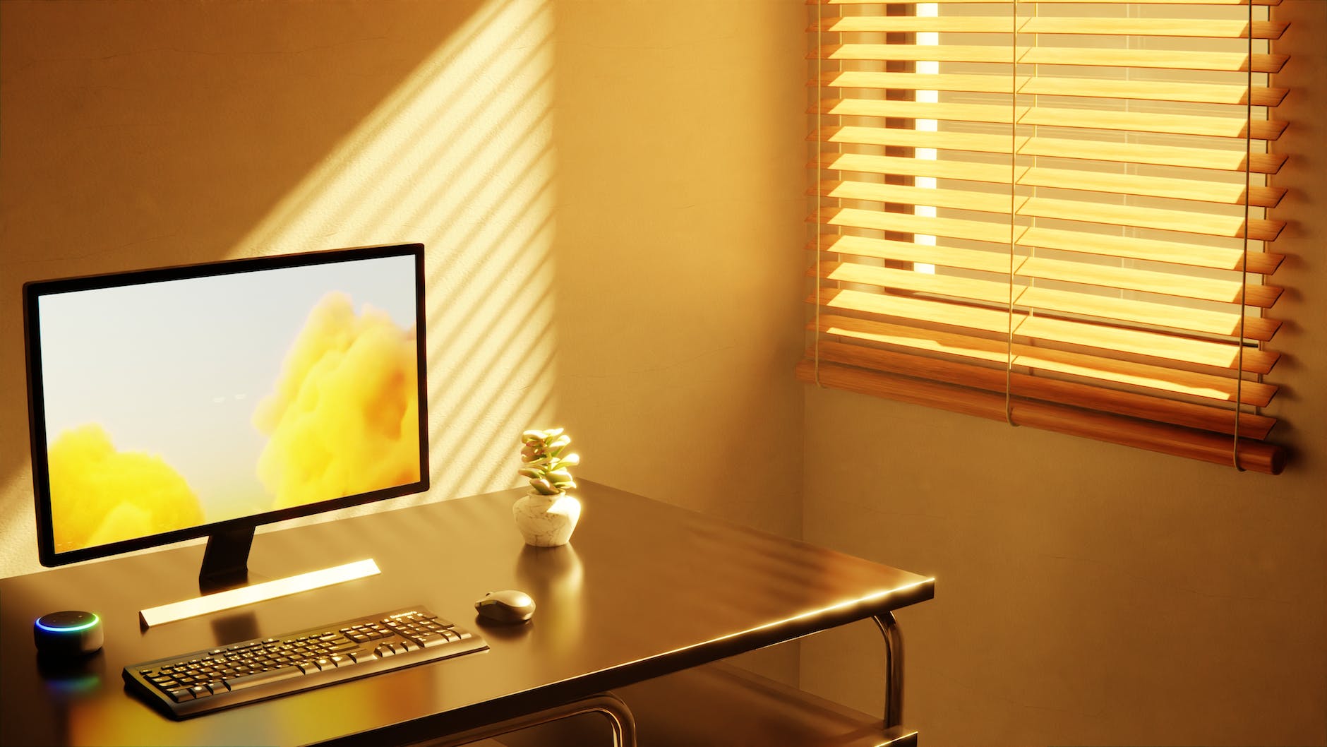 computer on a table near window